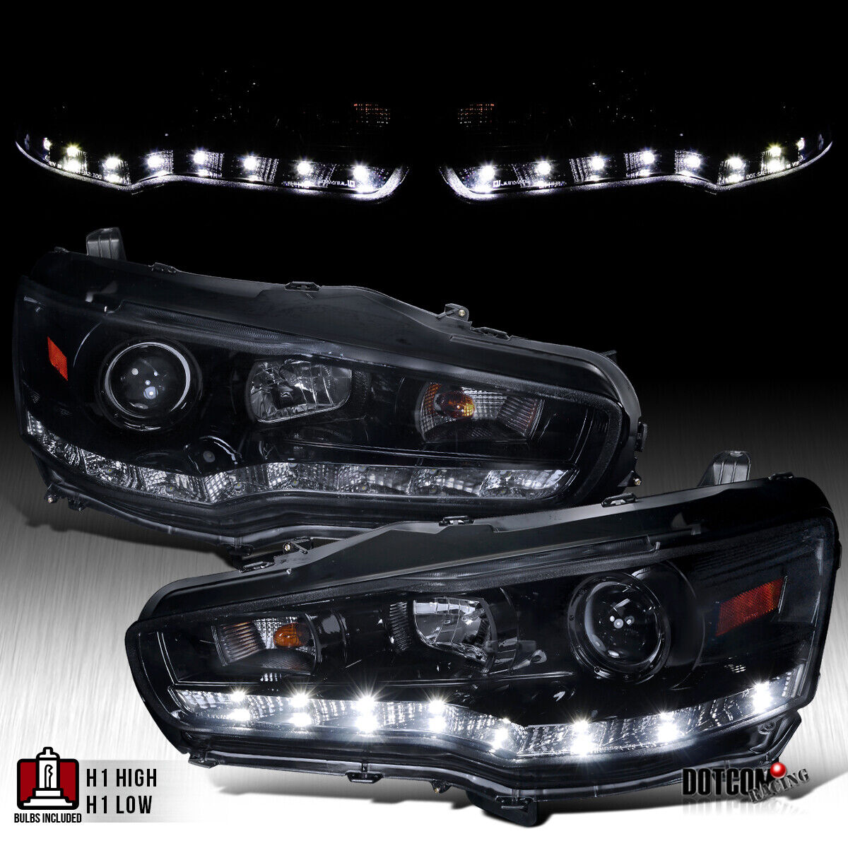 Fit 2008-2015 Mitsubishi Lancer Black Smoke LED Strip Projector Headlights Lamps