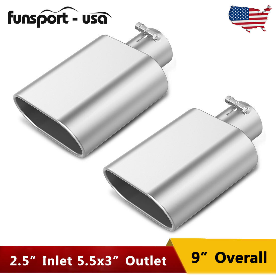 2x SS Bolt-On Square Exhaust Tip Rolled Oval Slant 2.5