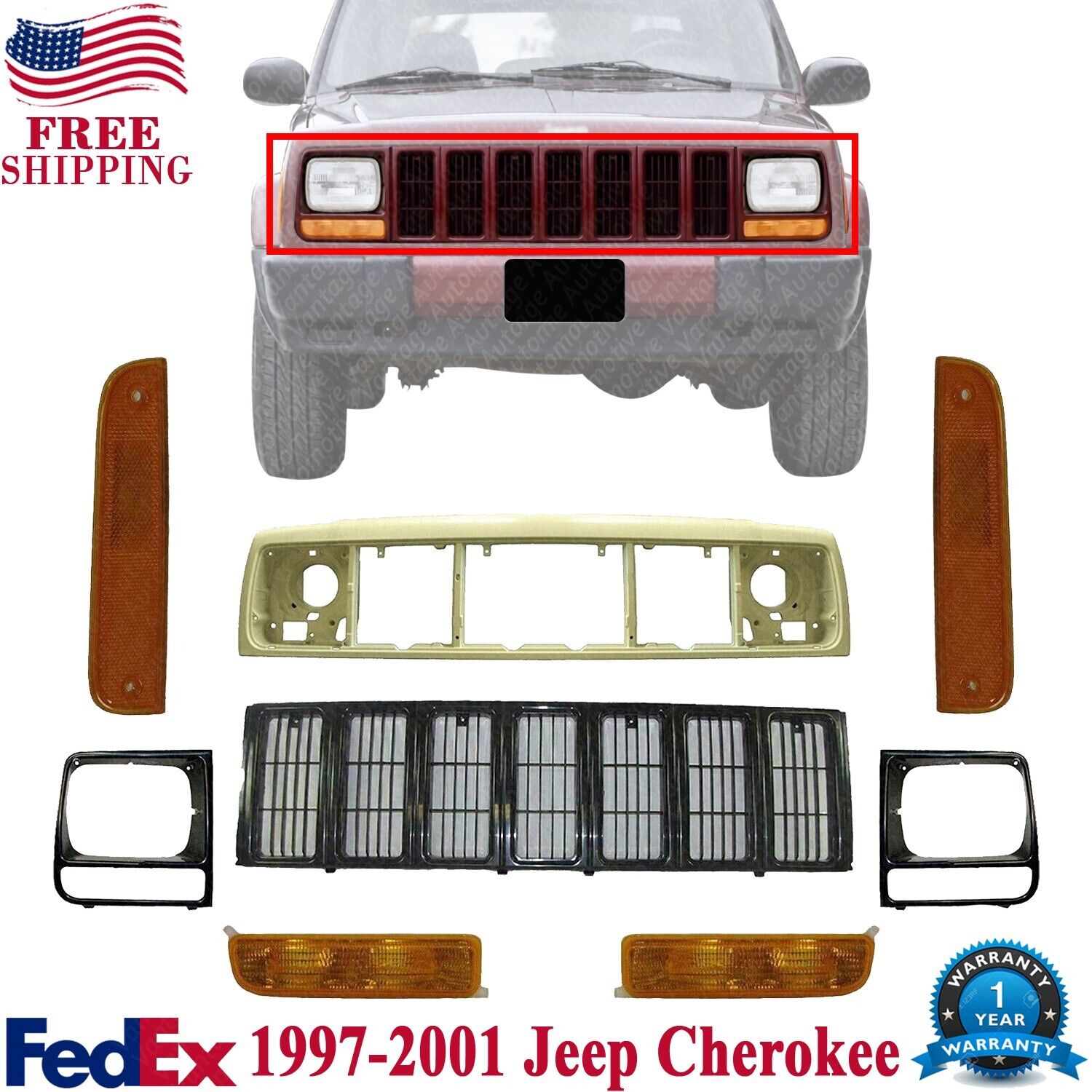 Header Panel Grille Headlight Door Park & corner Lights For 97-01 Jeep Cherokee