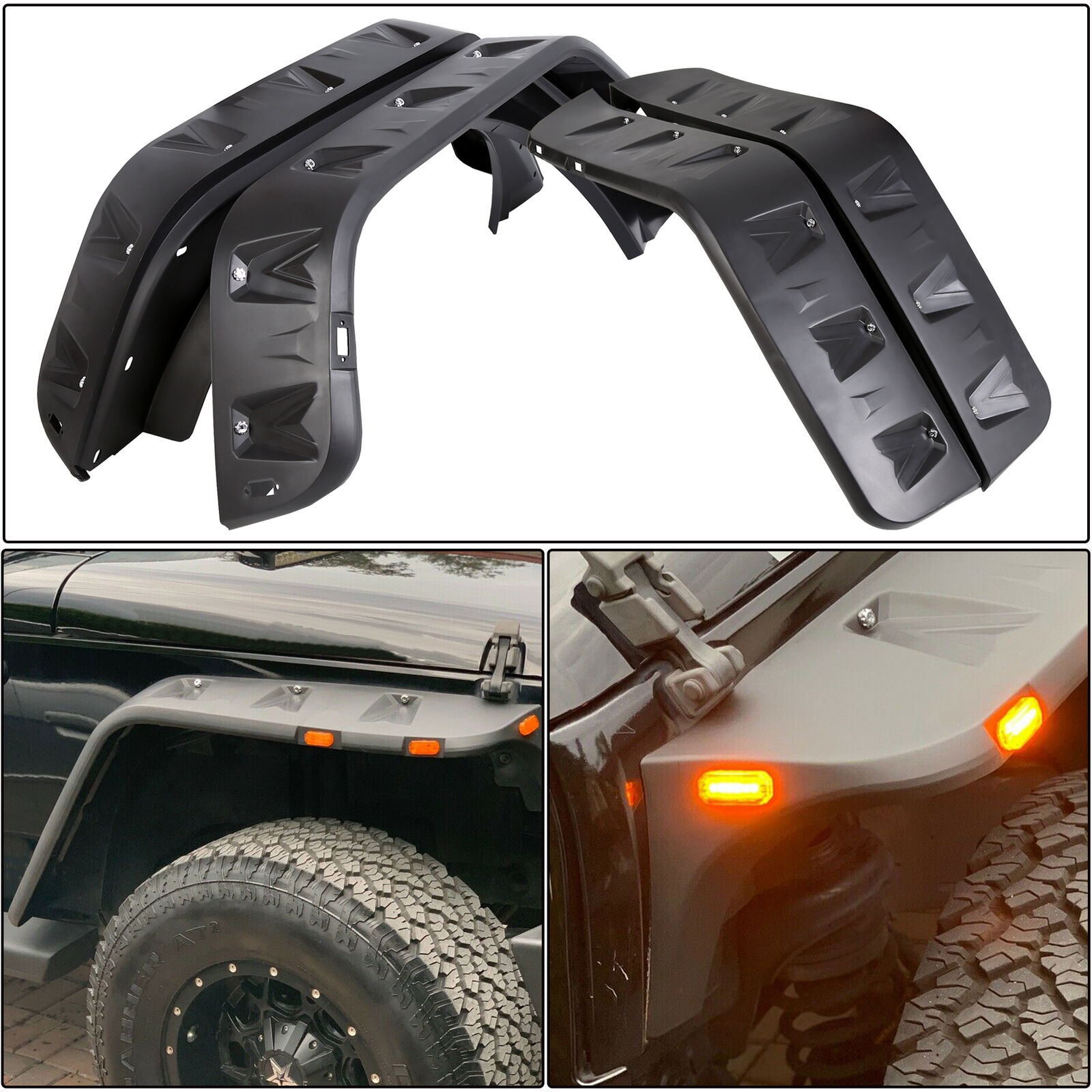 Front &Rear Fender Flares+LED Side Pocket Rivet Style For 07-18 Jeep JK Wrangler