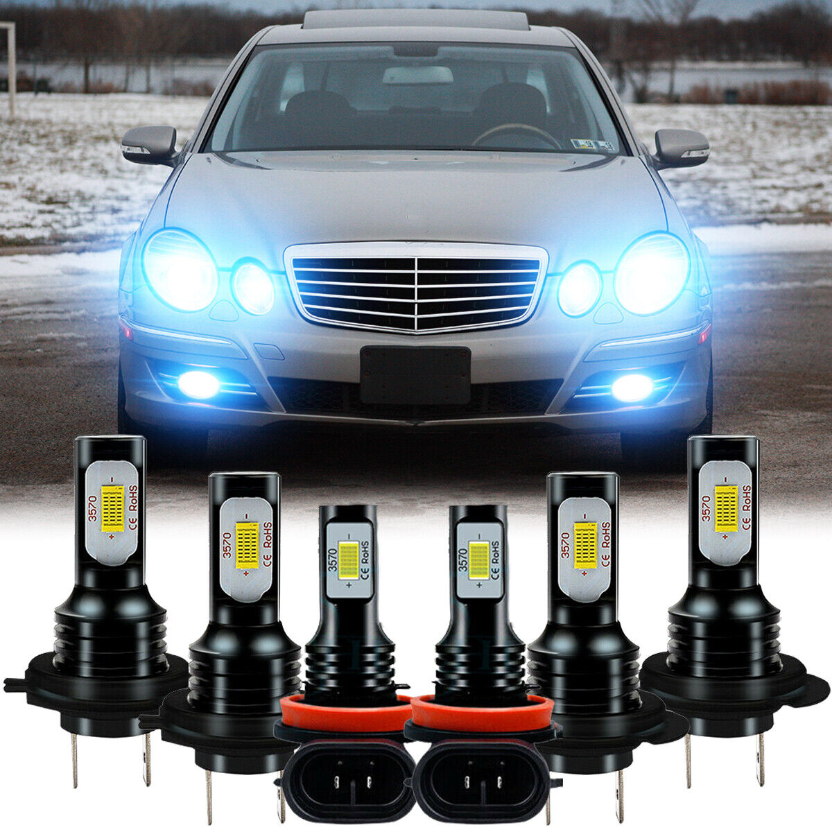 For Mercedes-Benz E350 E320 E550 -8000K blue LED Headlight +Fog Light Bulbs Kit