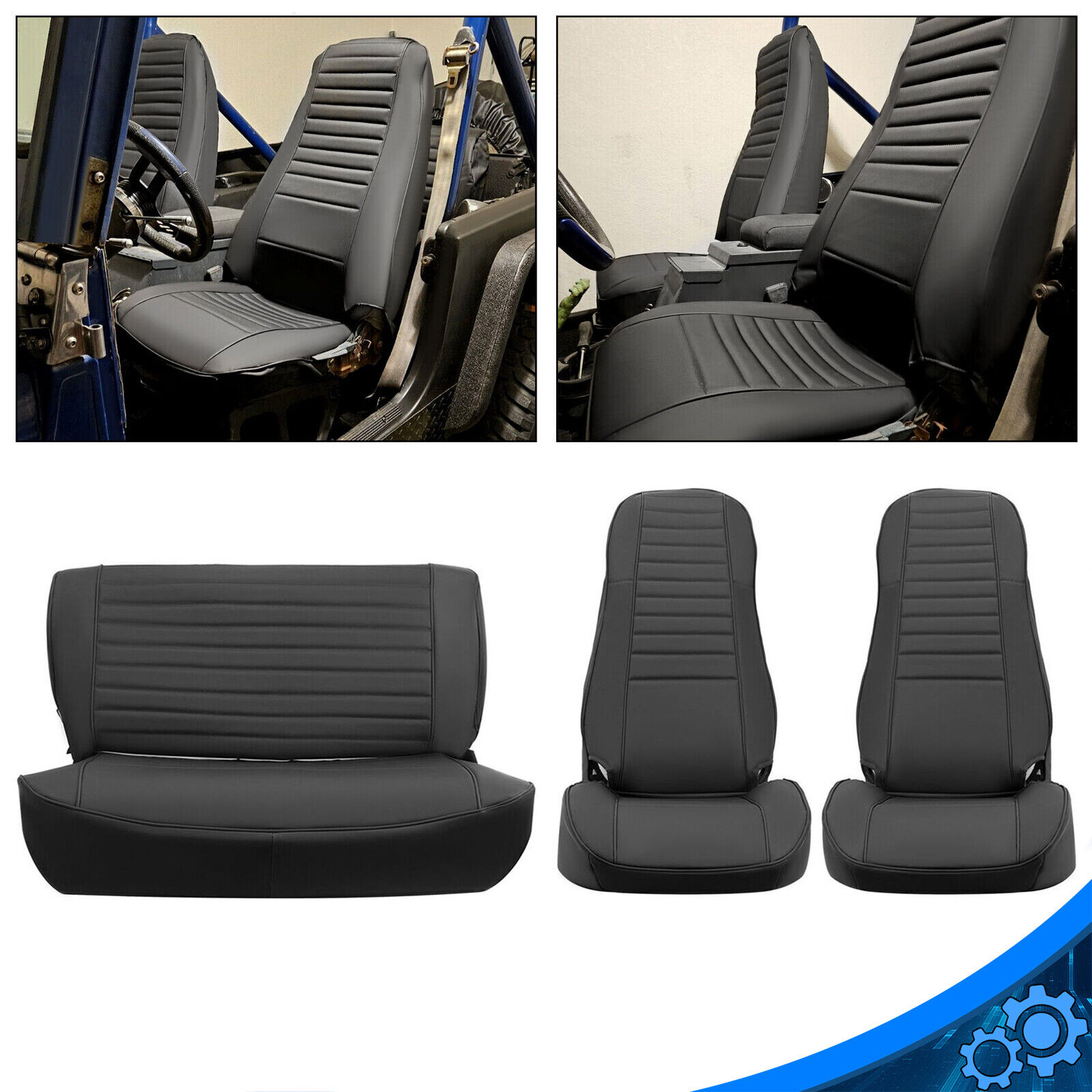 For 1976-86 Jeep CJ7 CJ8 NEW Black Front & Rear Seat Cover SET Synthetic Leather