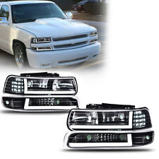 FIT FOR 1999-2002 CHEVY SILVERADO LED DRL BLACK HEADLIGHTS+BUMPER LAMPS PAIR  picture