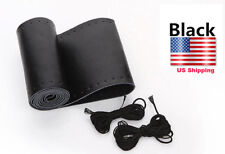 Black Genuine Leather Steering Wheel Cover Wrap Sew-on 38CM DIY Kit For All Car picture
