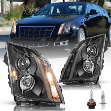 Black Halogen Headlights For 2008-2014 Cadillac CTS Lamps LH+RH Pair w/Bulbs picture