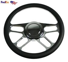 GM Chevy Chrome 14'' Steering Wheel with Horn Button Black Leather-9 Holes picture