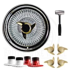 15x7 Std 100 Spoke Straight Lace Lowrider Wire Wheels, 3 Bar Gold Caps, Set of 4 picture