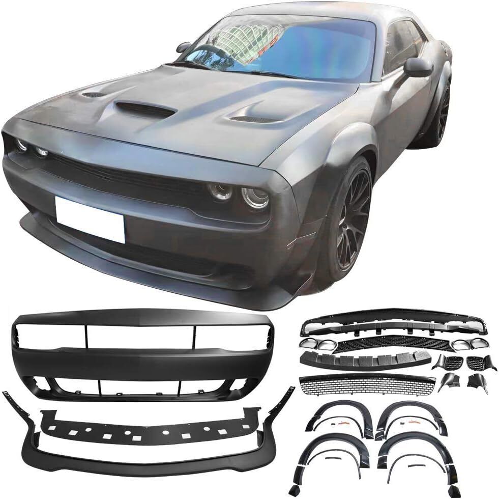 Fits 15-23 Dodge Challenger Hellcat Front Bumper Cover + Lip + Fender Flares