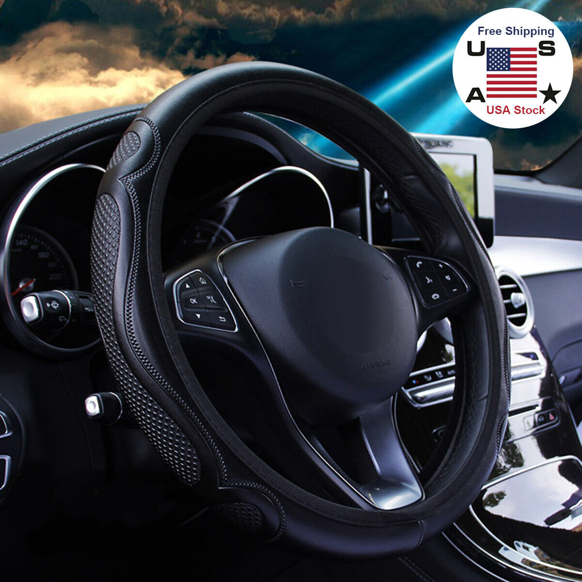 15'' Car Accessories Steering Wheel Cover PVC Leather Breathable Anti-slip Black
