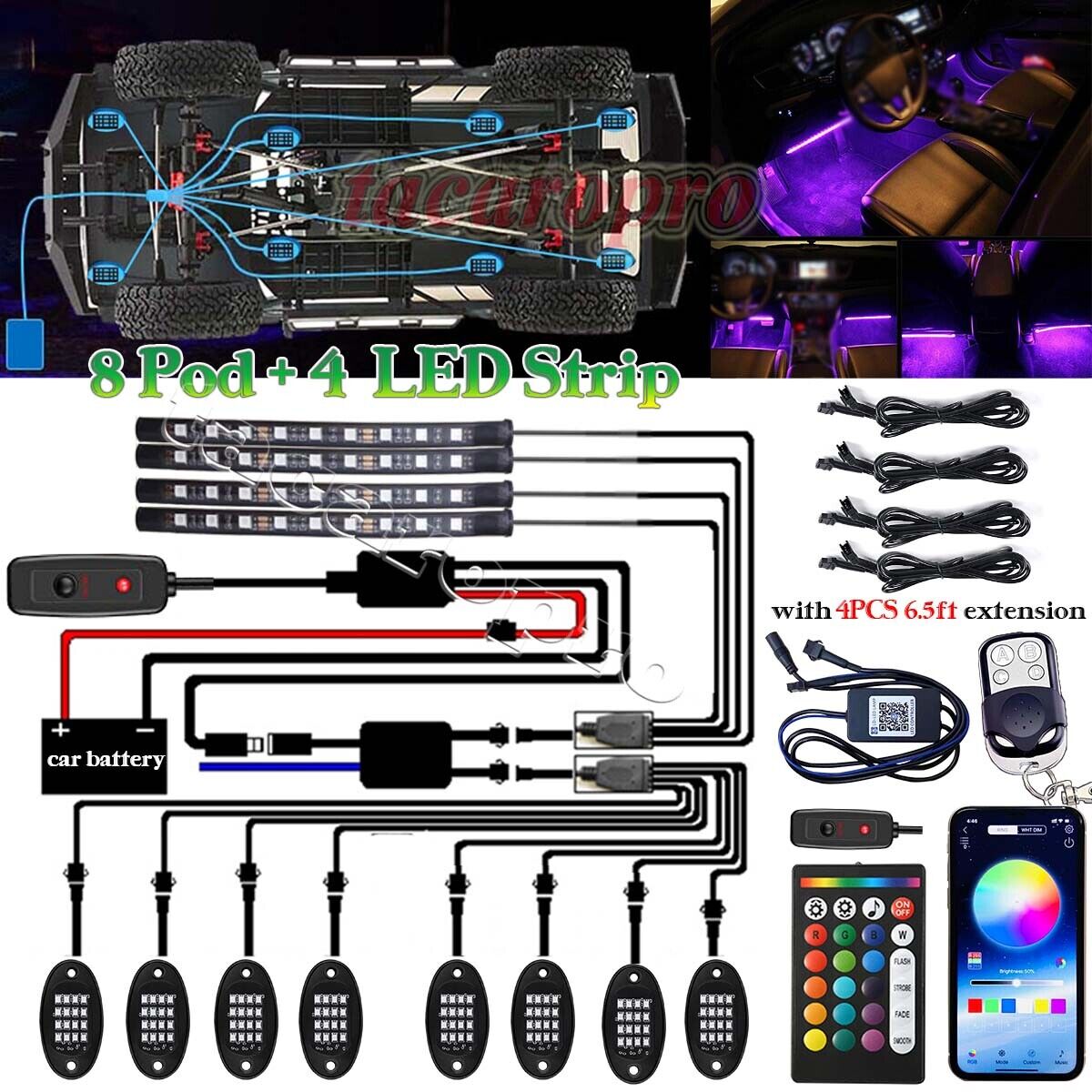 12x RGB LED Pods Rock Lights Kit Underbody Neon Music Light Lamp Bluetooth APP