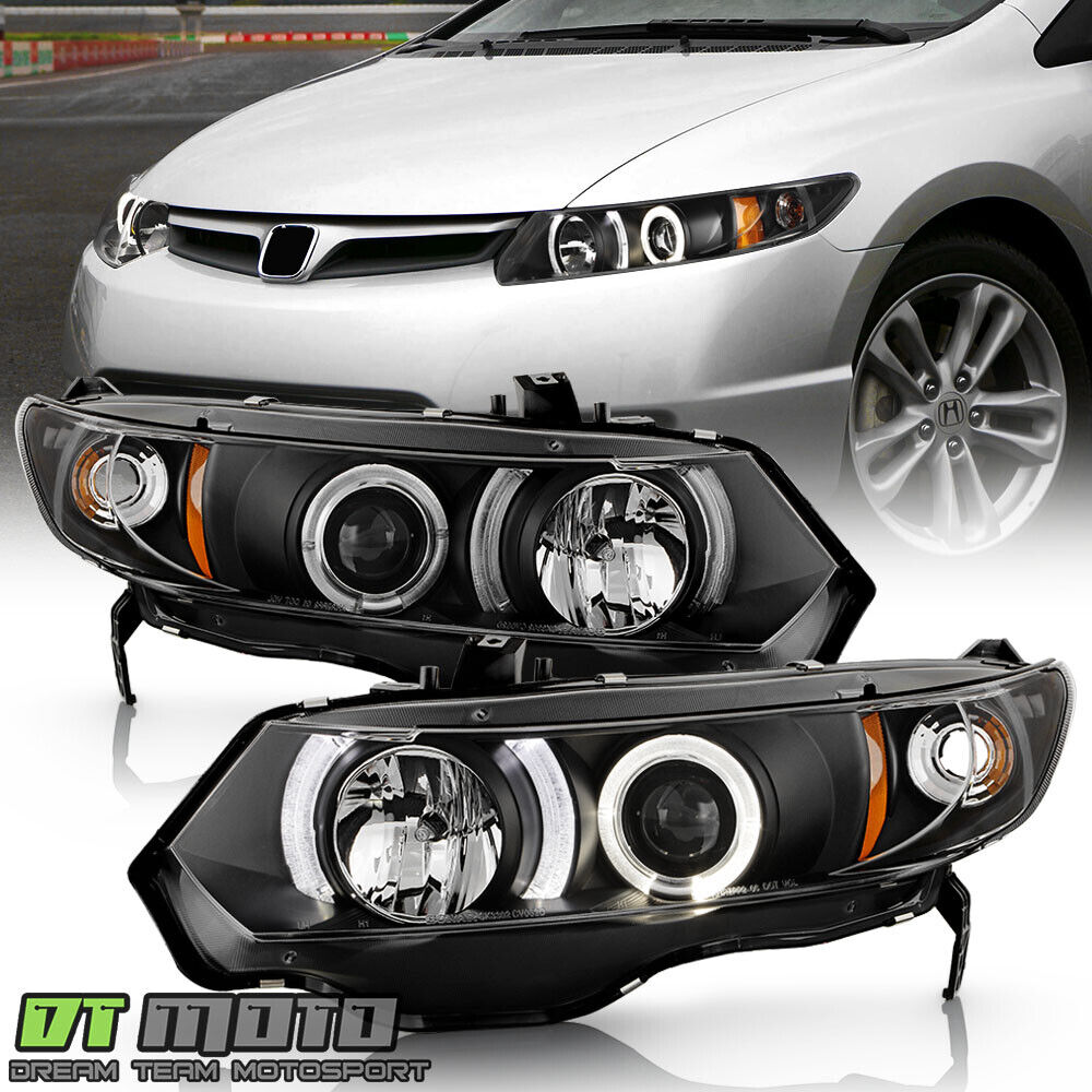 For Blk 2006-2011 Honda Civic 2Dr Coupe LED Halo Projector Headlights Headlamps