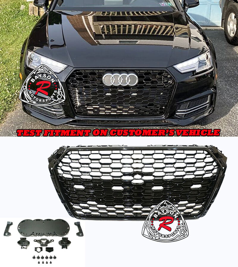 Fits 17-19 Audi A4 S4 B9 RS4-Style Badgeless Honeycomb Front Grille Gloss Black