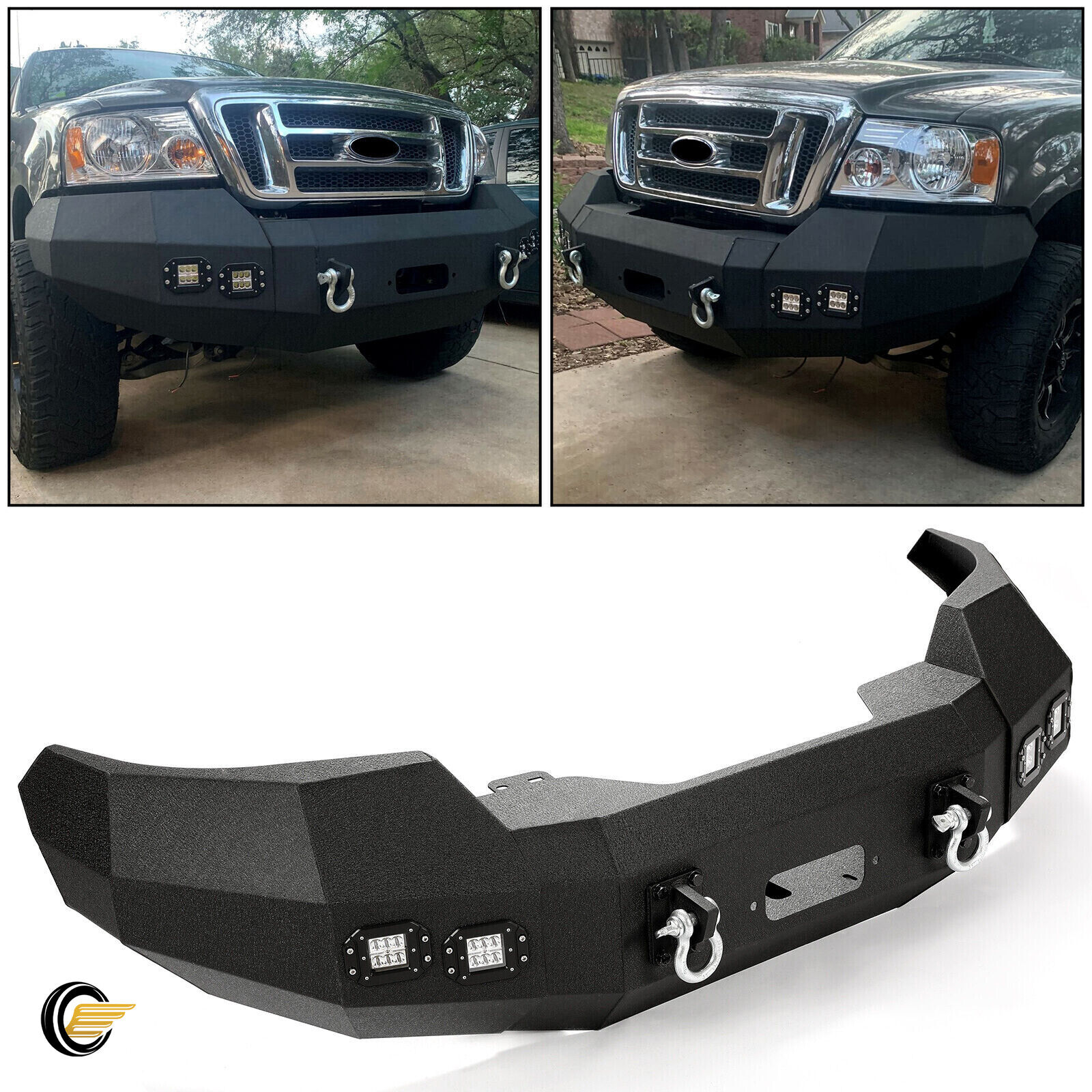 For 2004-2008 Ford F-150 3 pieces Powder Coated Steel Front Bumper with D-rings