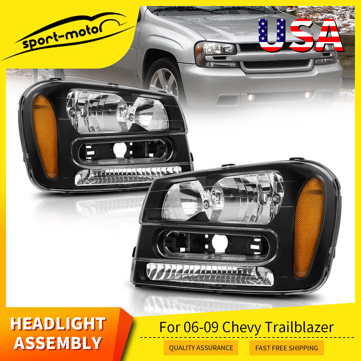 Headlights Assembly Amber Reflector Headlamps For 2002-2009 Chevy Trailblazer