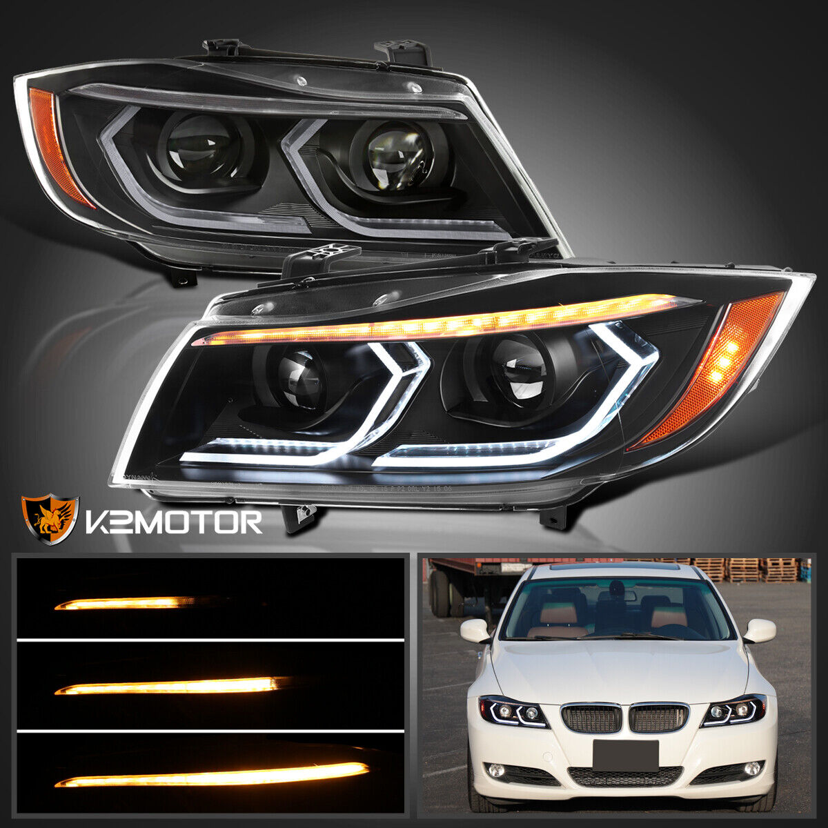 Fits Black 2006-2011 BMW E90/91 325i 328i Sedan Projector Headlights 3D LED Tube