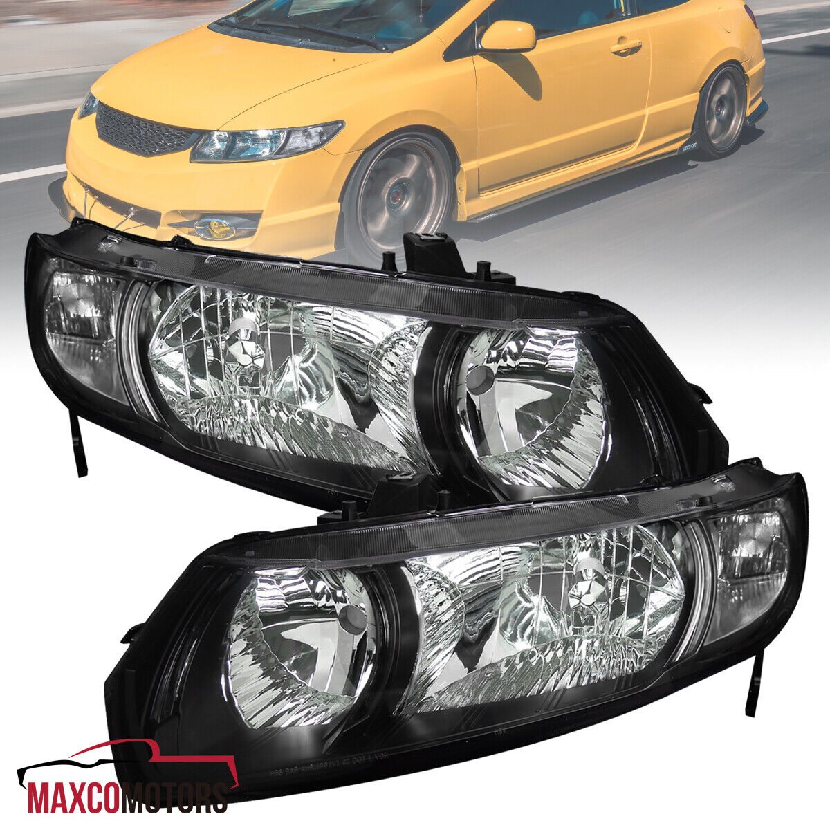 Black Headlights Fits 2006-2011 Honda Civic Coupe 2Dr Headlamps Left+Right Pair