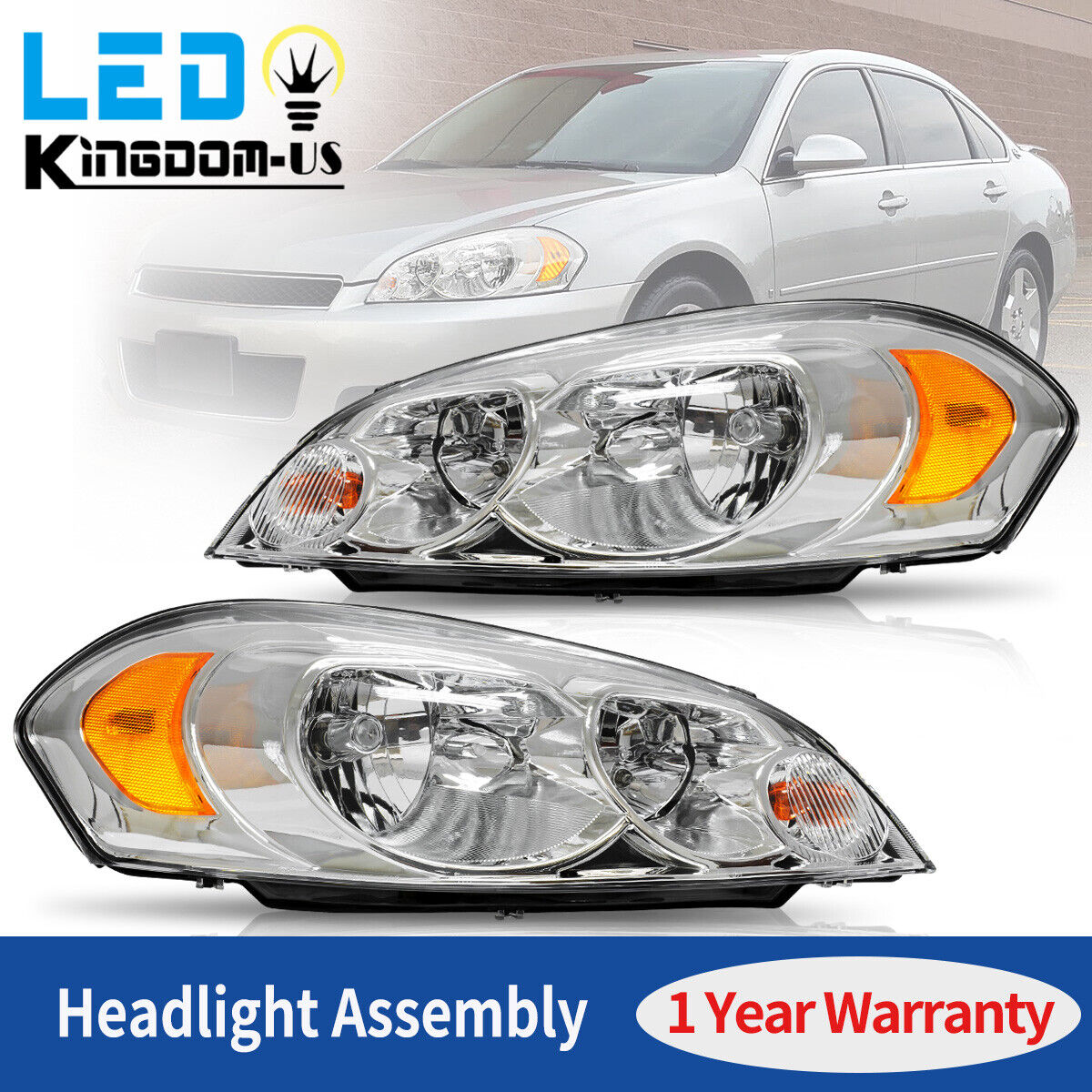 Chrome Amber Headlights Assembly For 09 Chevy Impala 06 07 Monte Carlo Headlamps