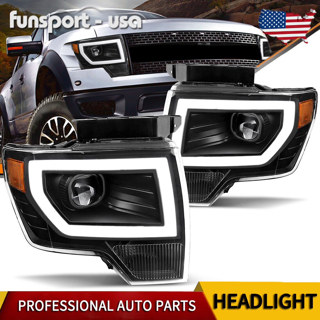 LED Tube DRL Projector Headlights For 2009-2014 Ford F-150 F150 Black Headlamps