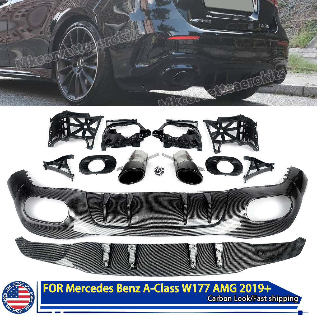 Dual Exhaust For Benz W177 A160 A250 A35 AMG Rear Diffuser Lip Carbon Look 2019+