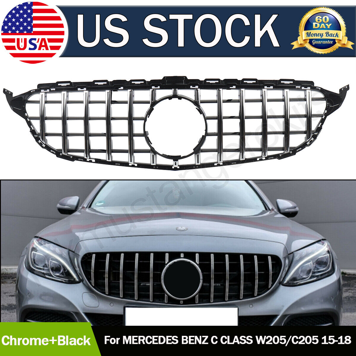 GT R AMG Style Grill Grille Front Bumper for Mercedes W205 C250 C300 C400 15-18