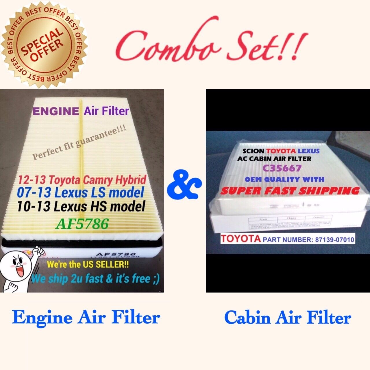 Combo Engine&Cabin Air Filter For CAMRY HYBRID AVALON HYBRID 12-17 RAV4 13-18