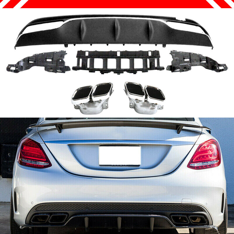For 15-21 Benz W205 C-Class AMG Black Rear Diffuser + Chrome Exhaust Tips