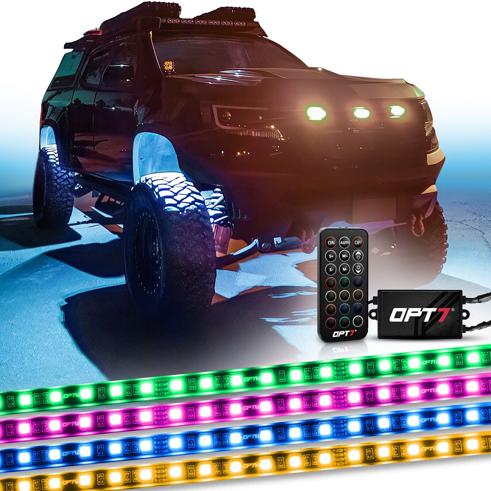 OPT7 All-Color Wheel Well LED Light Kit  4pc Custom Accent Neon Strips Rim Tire