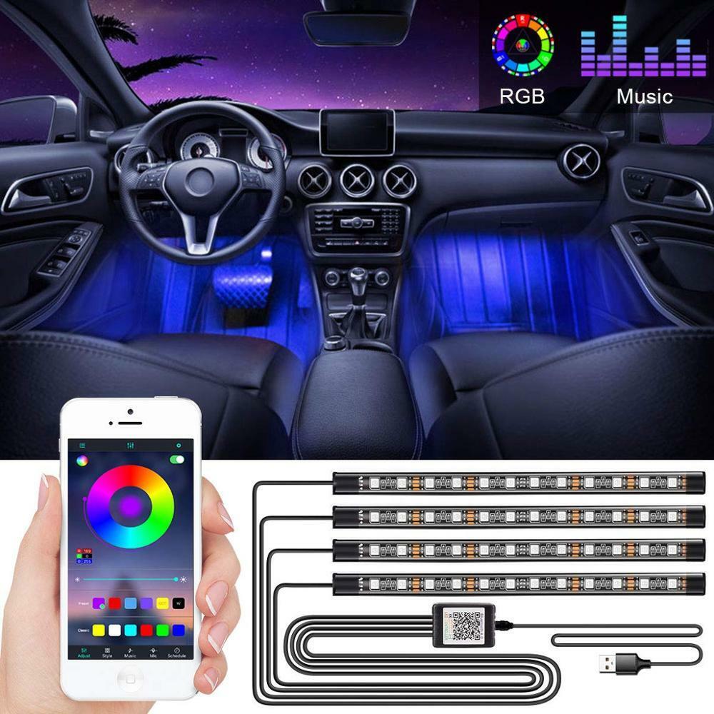 4PCS Car RGB 48 LED Lights Strip Interior Neon Atmosphere Lamp With APP Control