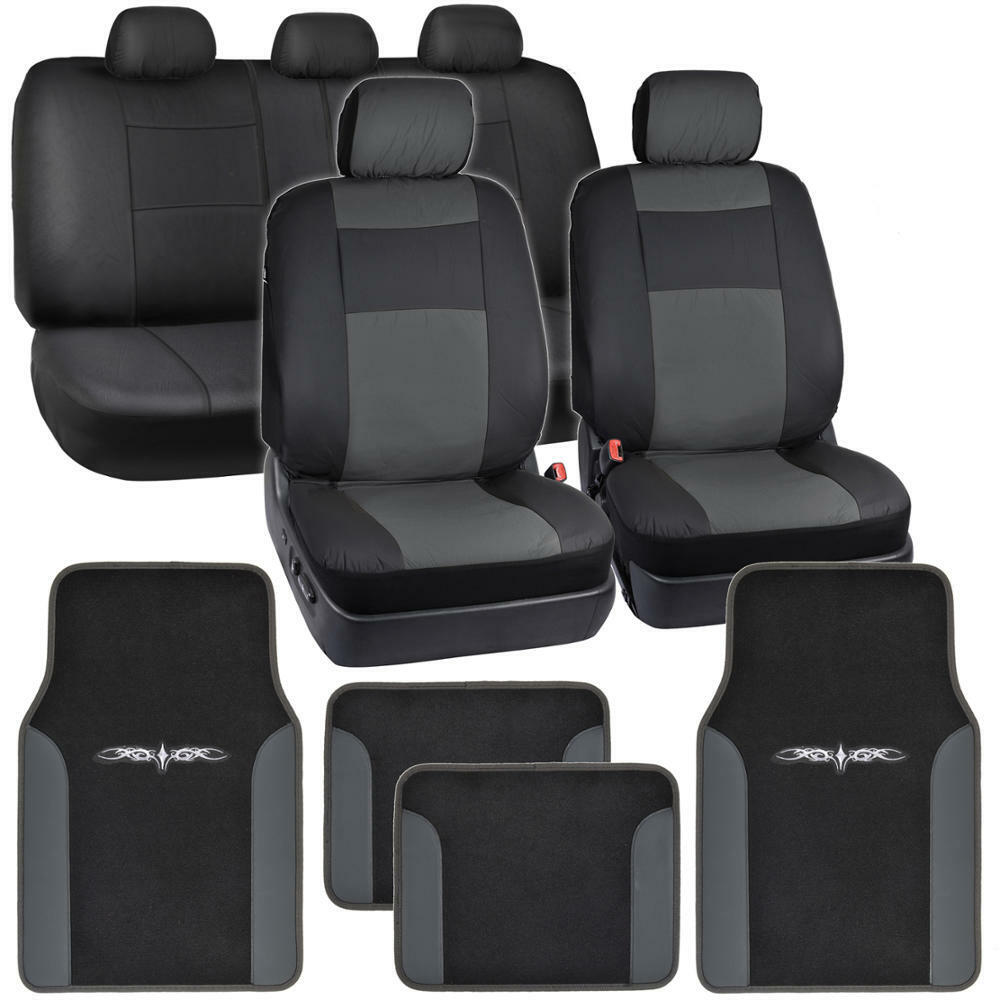 Black & Charcoal Gray PU Leather Car Seat Covers w/ Vinyl Trim Floor Mats