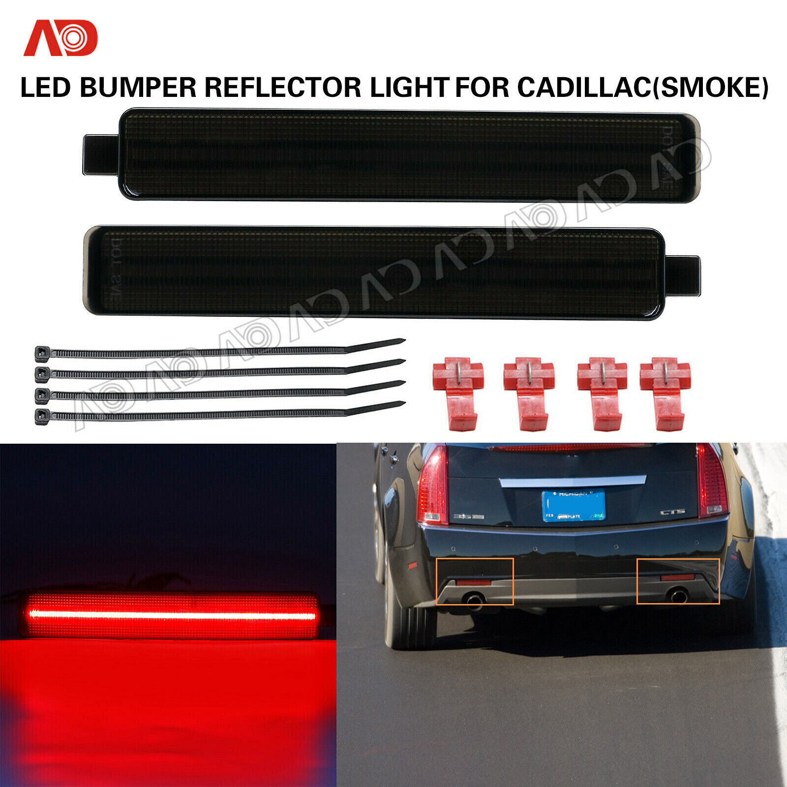 For Cadillac CTS CTS-V 2008-2013 Rear Bumper LED Reflector Light Smoked Red 2PCS