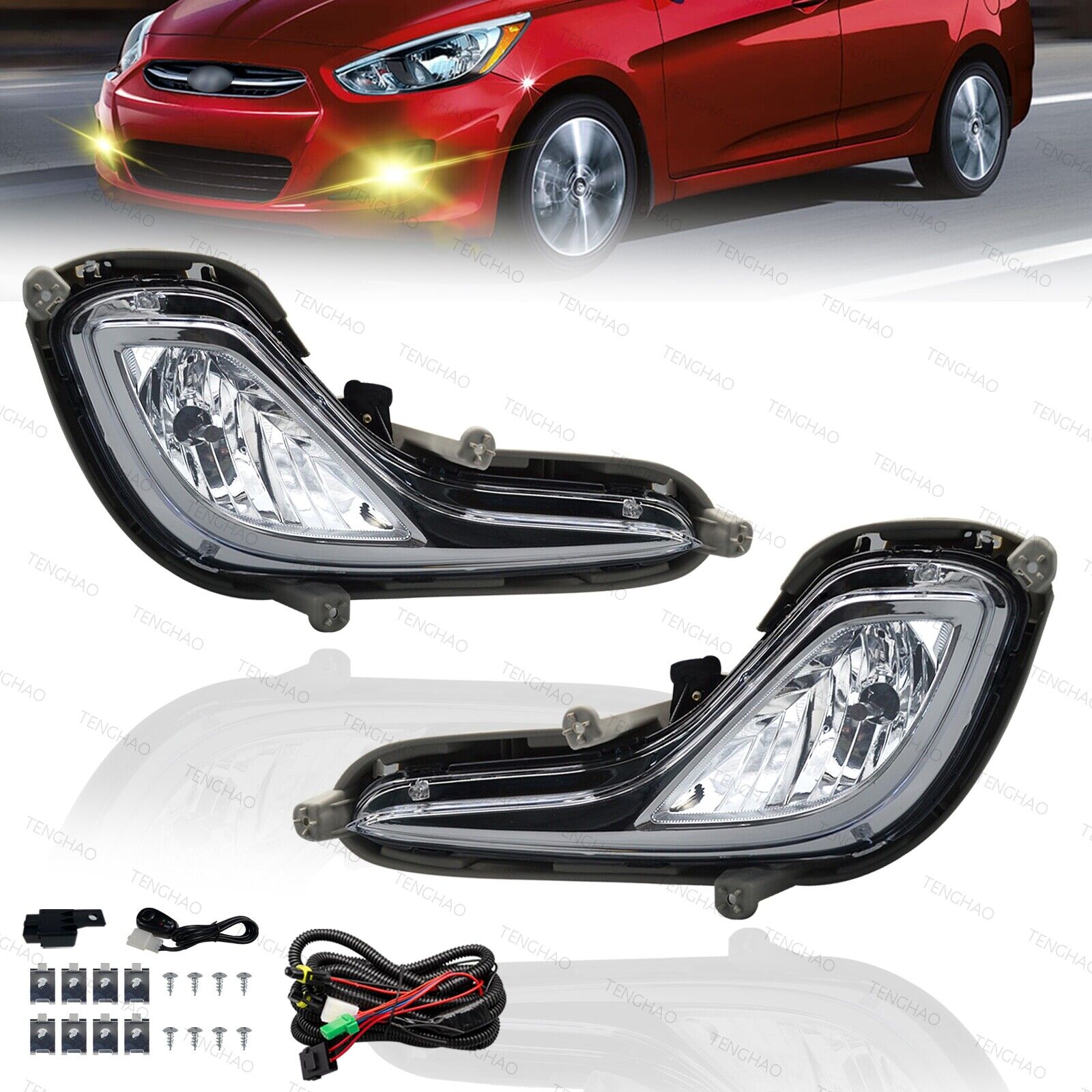 For 2012-2017 Hyundai Accent Front Bumper Fog Lamps Lights Clear w/Bulbs+Wiring