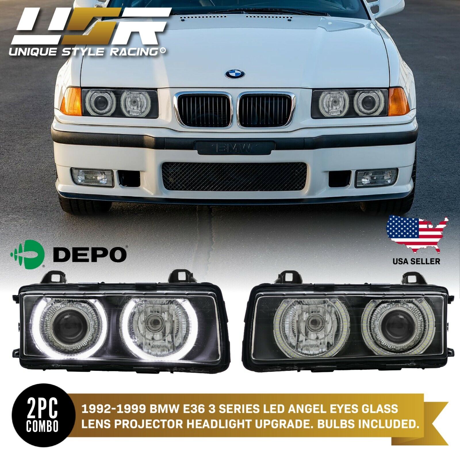 DEPO UHP LED P36 Projector Glass Angel Halo Headlight For 92-99 BMW E36 3 Series