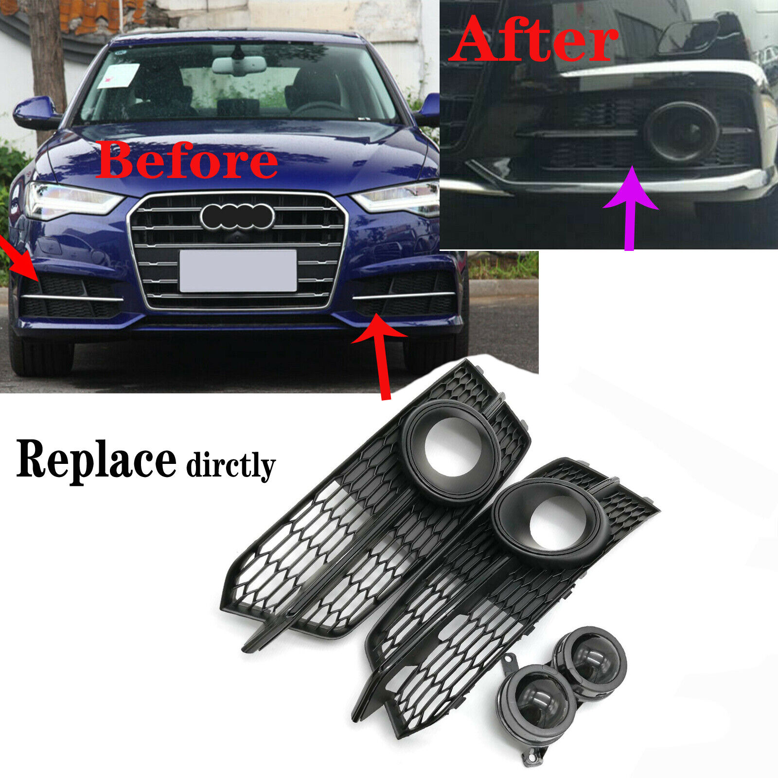 Black Fog Lamp Cover+ACC Probe Front Bumper Grill Grille Fit For AUDI A6 2016-18