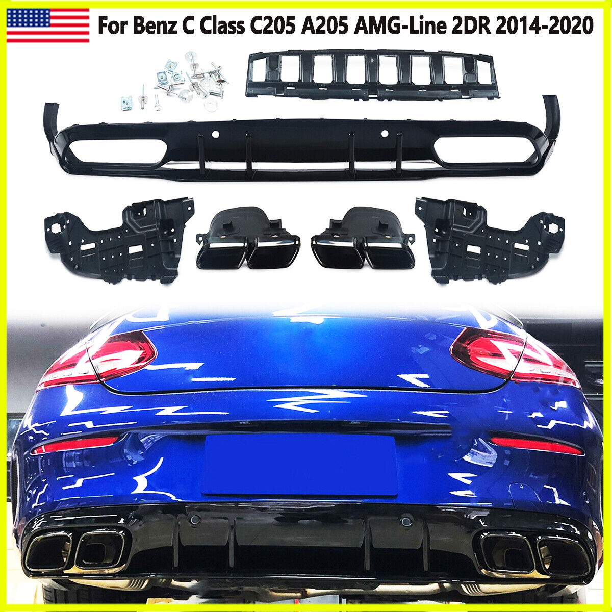 C63S Style Rear Diffuser Black Exhaust Tips For Benz W205 C205 AMG Sport Bumper