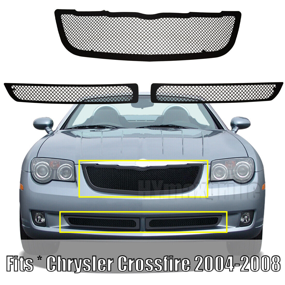Black Mesh Grille Fits 2004-2008 Chrysler Crossfire Upper Lower Front GrilL