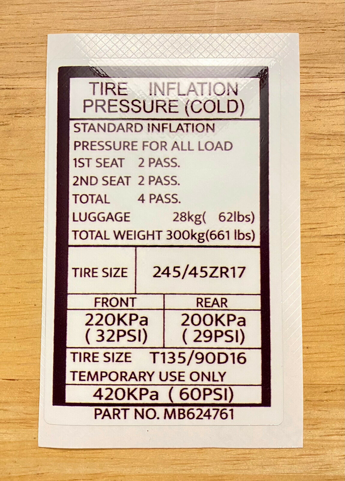 3000GT Stealth Tire Info Decal (17
