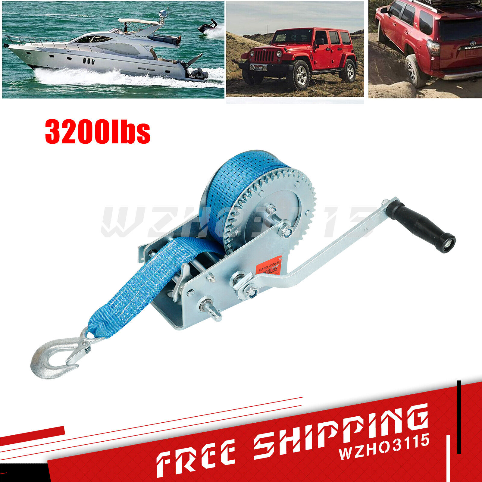 3200lbs Hand Winch Polyester Strap 2 Gear Crank Boat ATV Trailer RV Blue