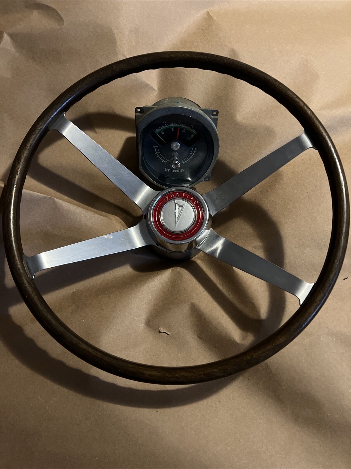 1964 Pontiac GTO Steering Wheel Four Spoke Wood Grain Rim & Original Tachometer