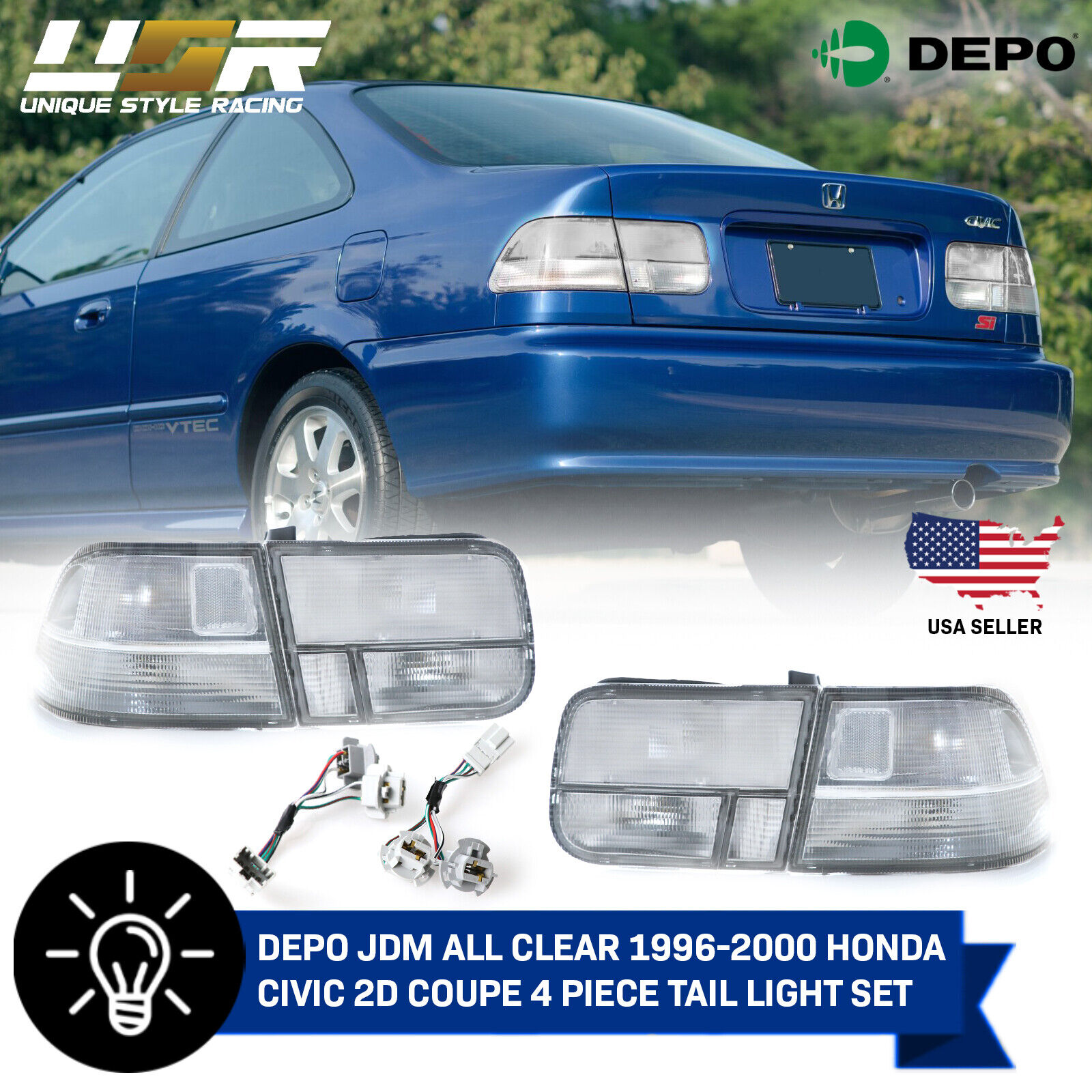 JDM EK All CLEAR 4PCS Rear Tail Light EX Si For 1996-2000 Honda Civic 2D Coupe