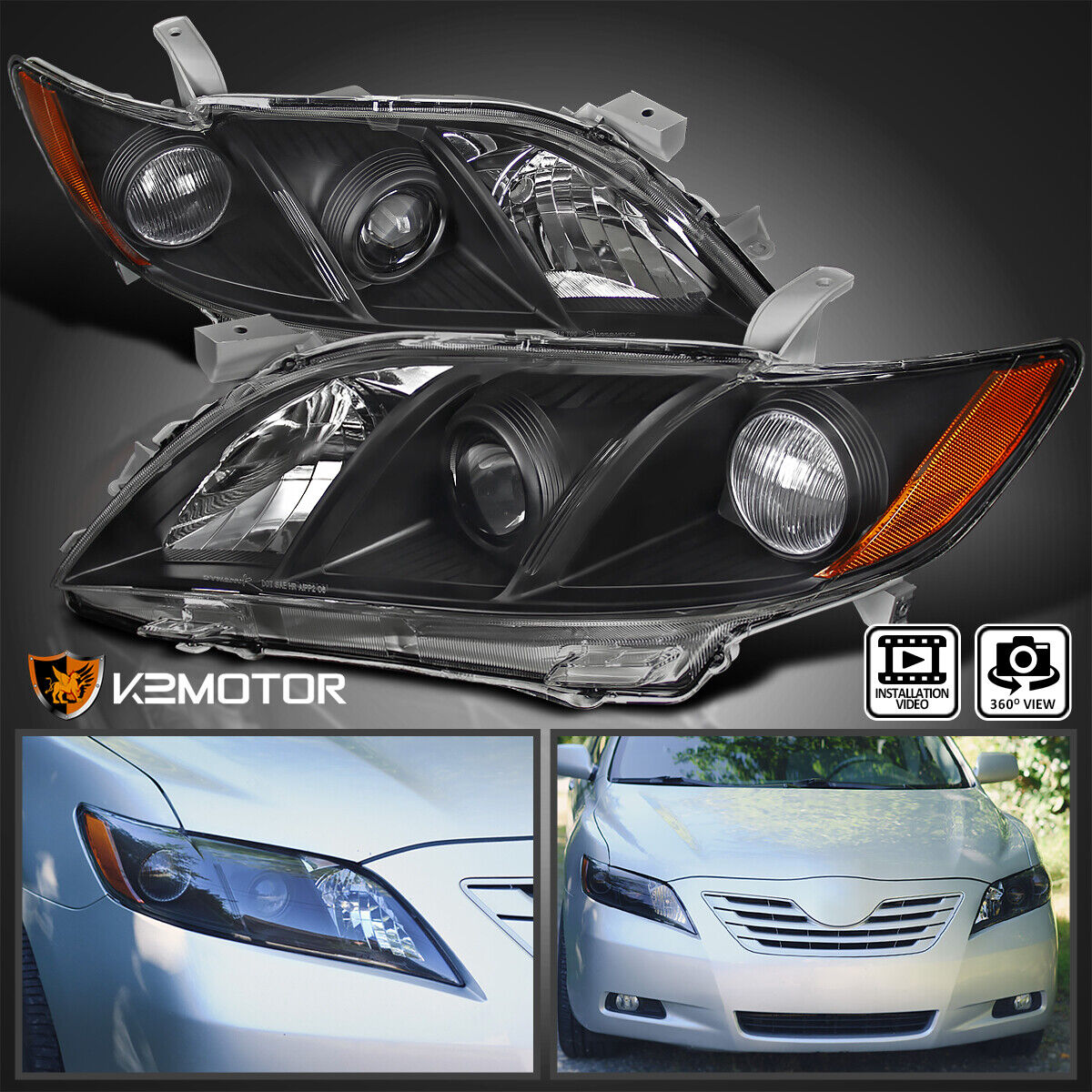 For 2007-2009 Toyota Camry Black Projector Headlights Lamps Left+Right 07 08 09