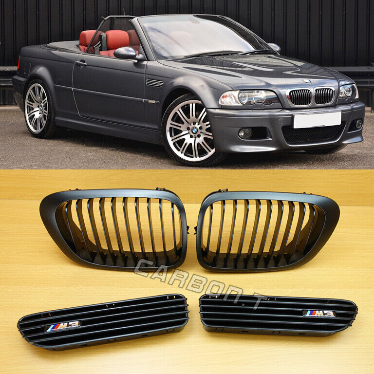 Matte Black Front Grill & Side Fender Coupe Convertible For BMW E46 M3 2001-2006