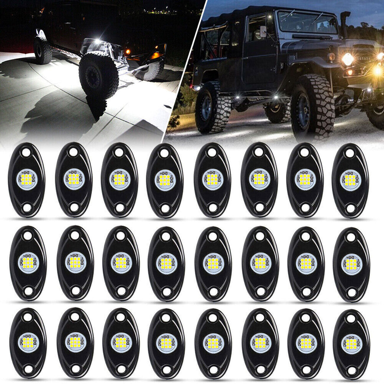 24X White LED Rock Lights Underbody Trail Rig Glow Lamp Offroad SUV Pickup Truck