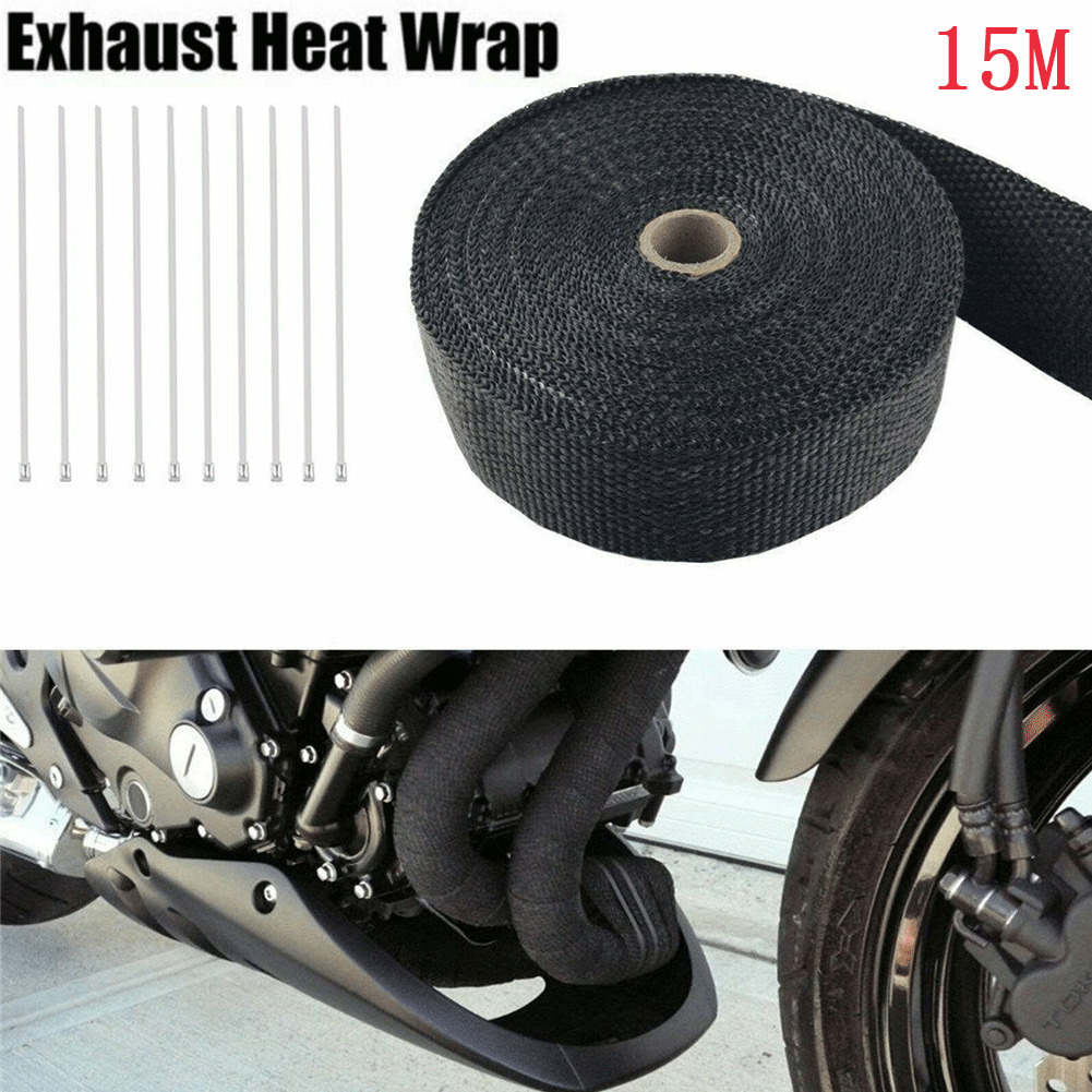 1x 50ft Roll Fiberglass Exhaust Header Pipe Heat Wrap Tape Black +10 Ties Kit Z4