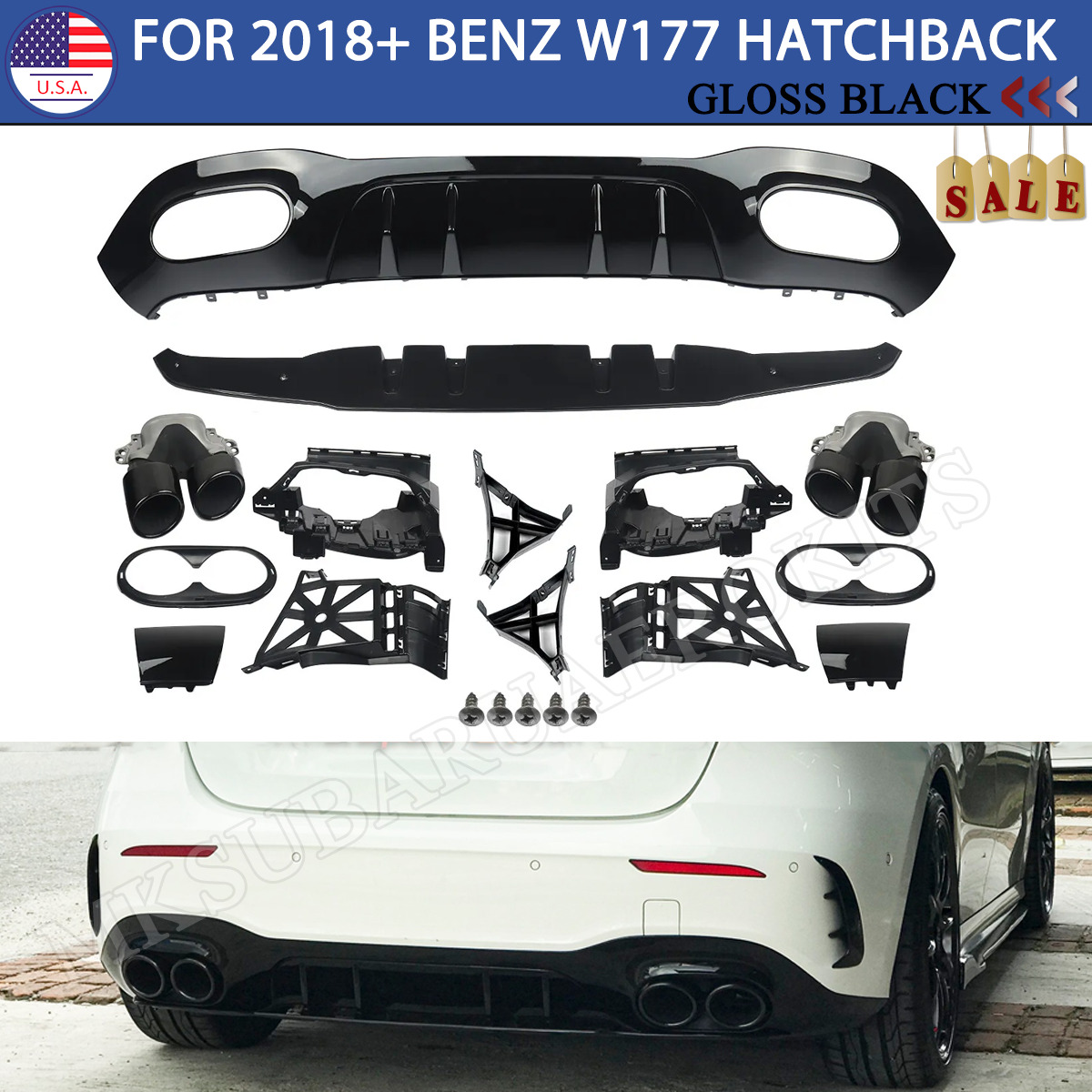 Black Rear Bumper Diffuser w/Exhaust Tips For 2018+ Mercedes Benz W177 A45 AMG