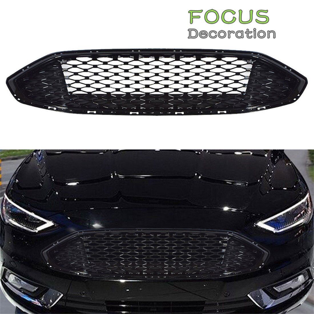 For 2017-2018 Ford Fusion Front Grill Honeycomb Style Glossy Black Trim Grille