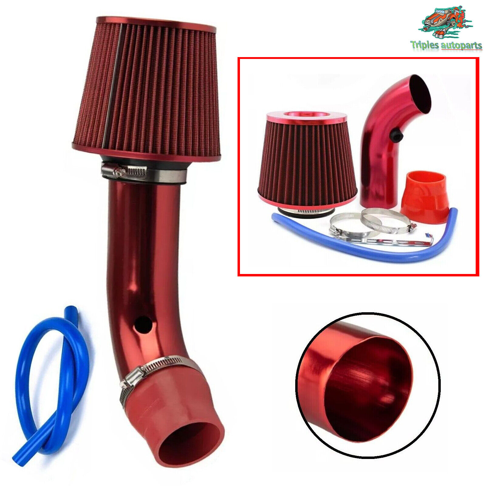 Red Aluminum 3'' Car Cold Air Intake Filter Induction Pipe Power Flow Hose Kit