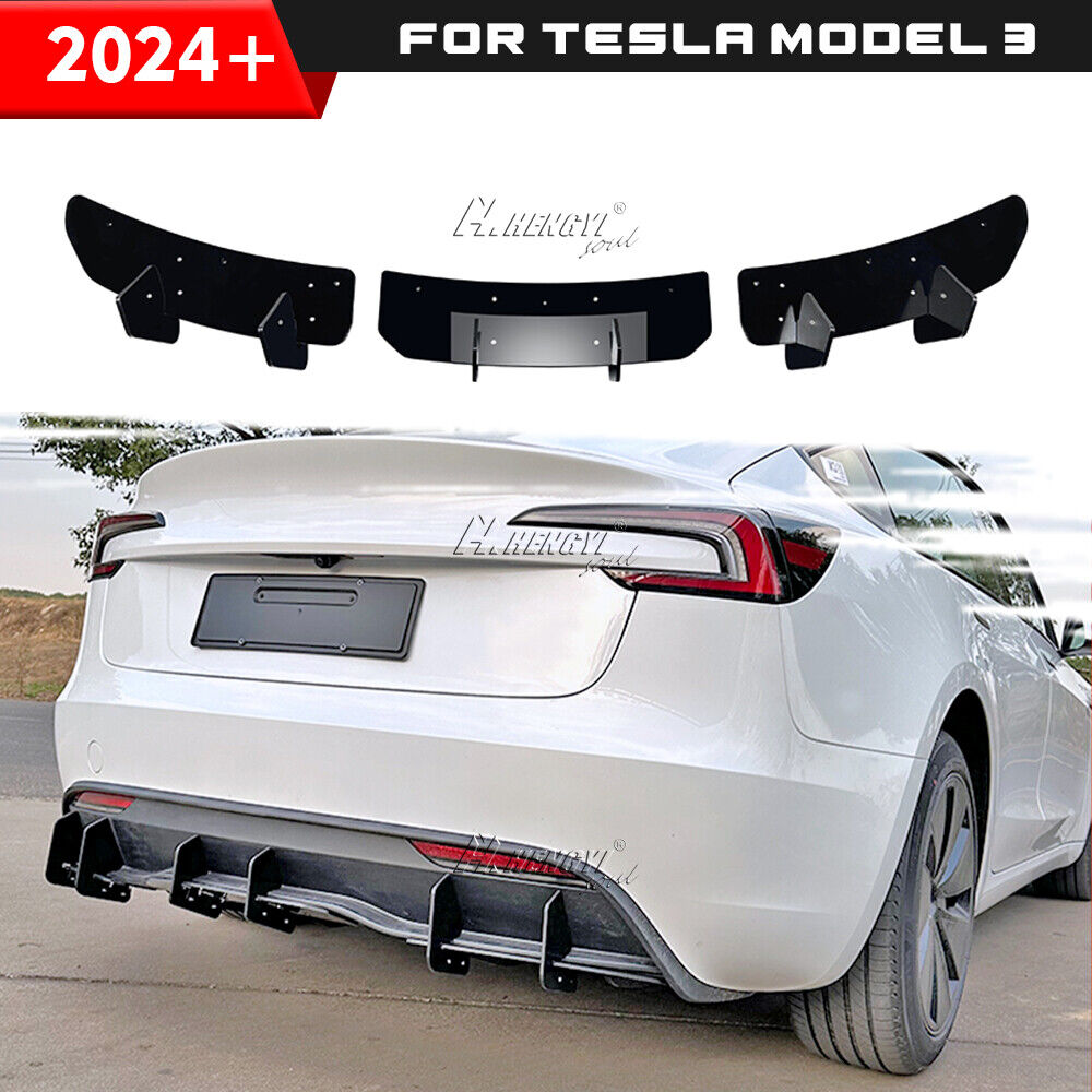 3×Glossy Black For Tesla Model 3 2023-2024 Facelift Rear Bumper Diffuser Lip