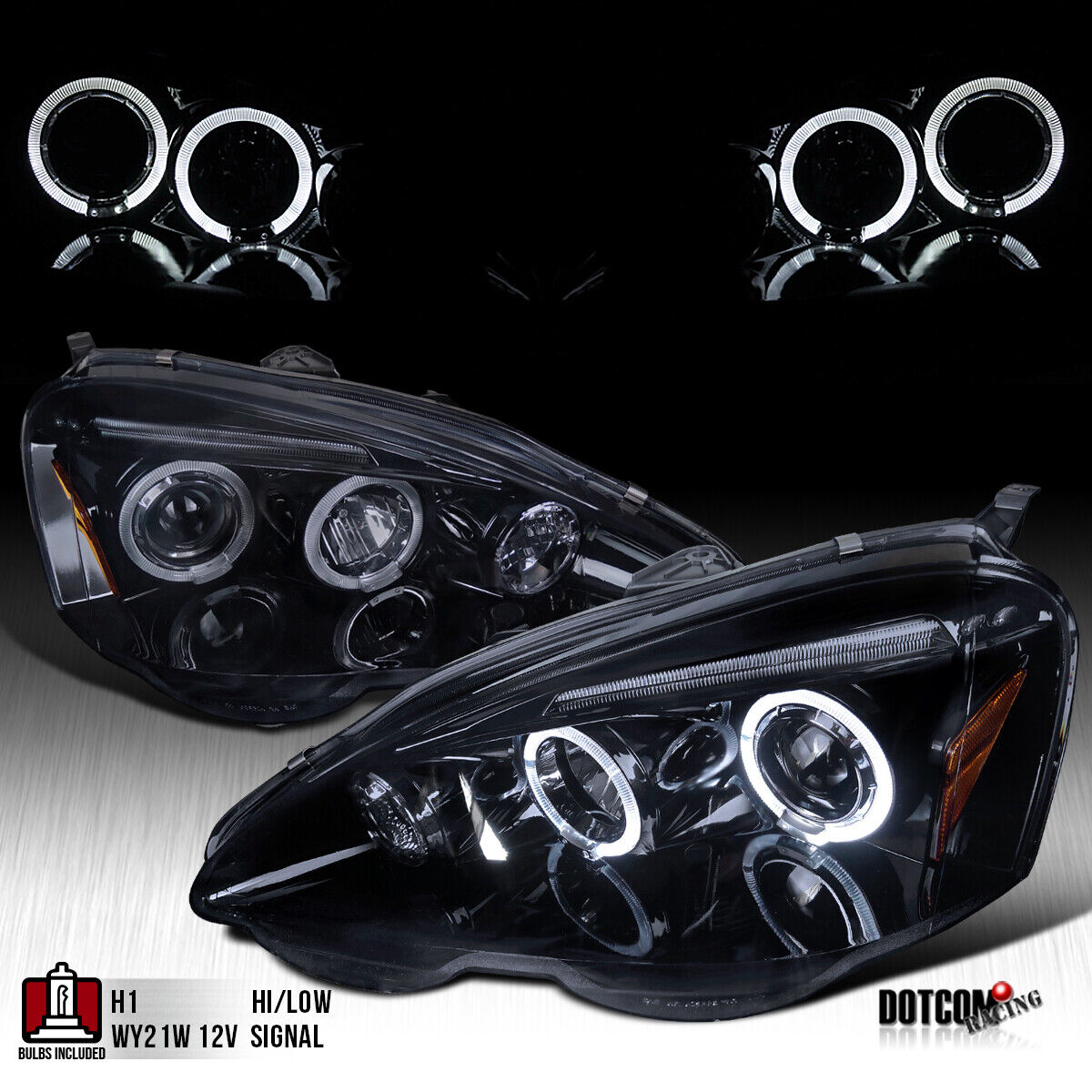Fit 2002-2004 Acura RSX Replacement Dual Halo Black Smoke Projector Headlights