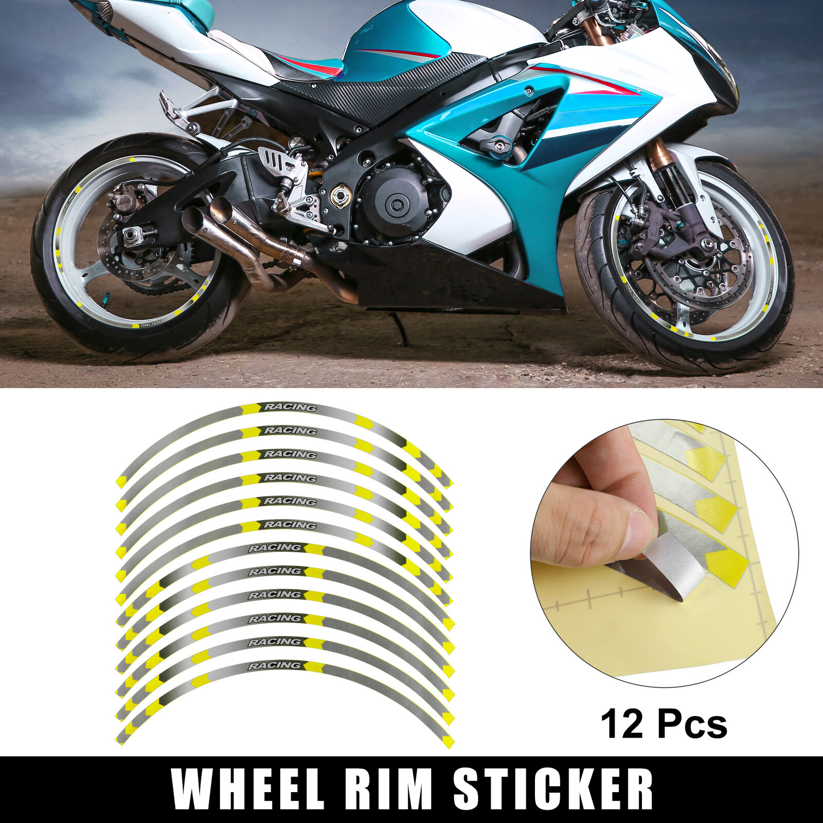 12pcs Fit 17inch Motorcycle Wheel Rim Decals for Suzuki GSX-R 250 Yellow Gray