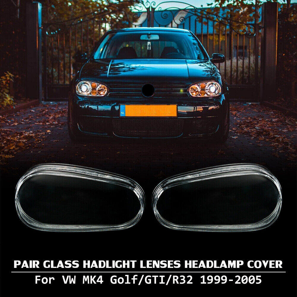PAIR FOR 1999-2005 VW MK4 GOLF R32 REPLACEMENT GLASS HEADLIGHT LENS COVER LH+RH